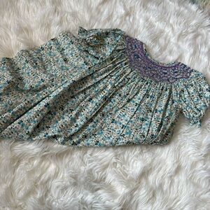 Smocked dress - floral print with purple smocking - size 5